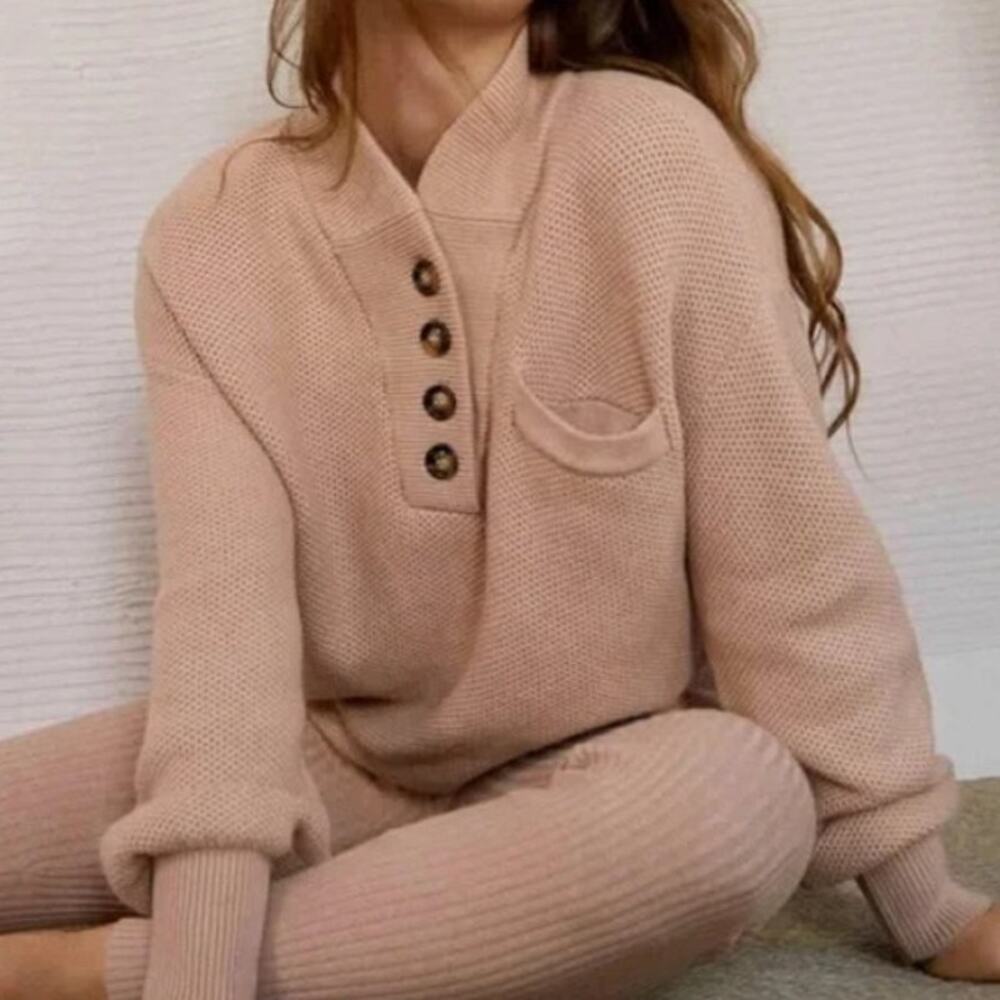 Lunya Tan Cozy Cotton Silk Pocket Henley Pullover Sweater
